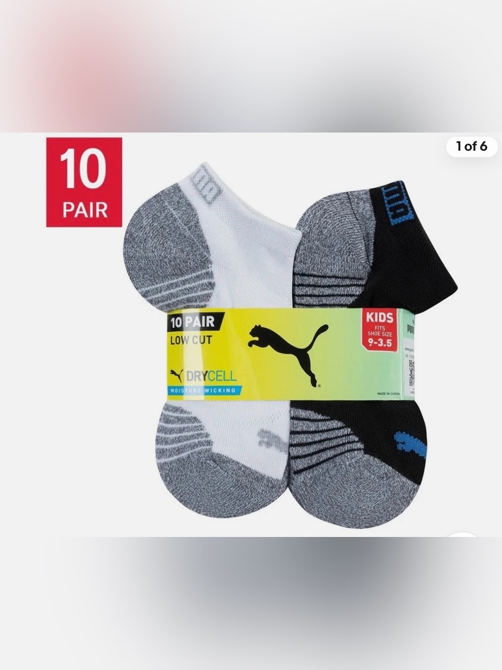 Puma DryCell Kids Socks 10Pk Size 9 to 3.5 Low Cut Moisture Wicking